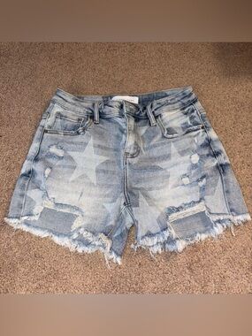 Risen Jeans Distressed Star-Print Denim Shorts